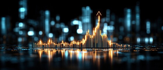 City skyline with skyscrapers and financial growth chart representing stock market investment and trends