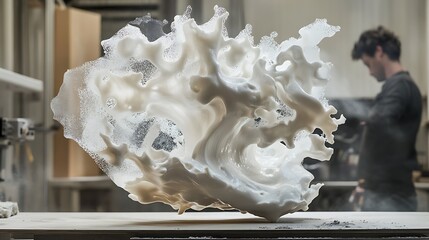 A White, Abstract, 3D-Printed Sculpture Rests on a Table