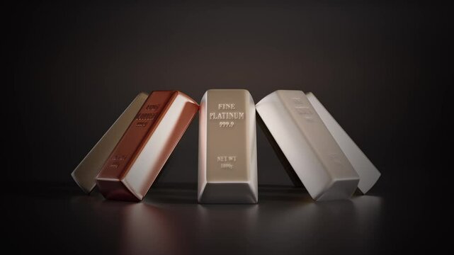 3d infinite loop animation of eight common precious metal bars arranged into prism on black background