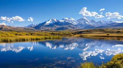 Obraz premium A serene mountain lake reflecting a clear blue sky and puffy clouds.