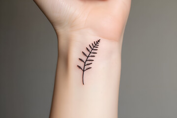 A botanical-inspired fine-line tattoo of a tiny fern on the inner wrist. The illustration captures the soft curves and organic shape of the plant, with thin, hand-drawn lines. The tattoo appears fresh