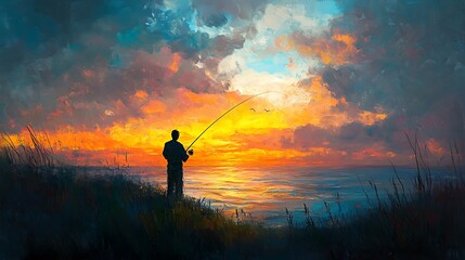 Silhouette of a Fisherman Casting a Line at Sunset