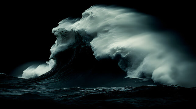 Ocean's Majesty: An evocative black and white capture of the ocean in a dramatic display of power, with a colossal wave crashing against the inky dark.||wave, ocean, sea, water, storm, nature, power.