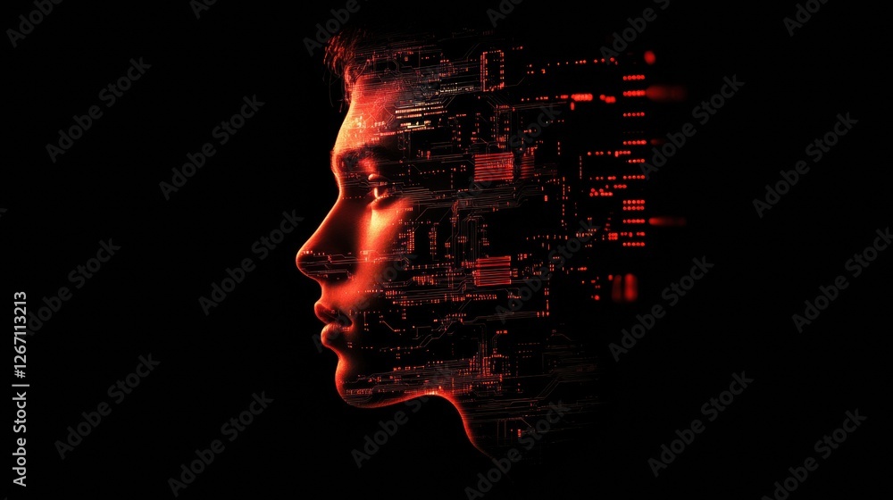 Aufkleber human face merges with glowing digital circuits showcasing a futuristic concept of technology and id