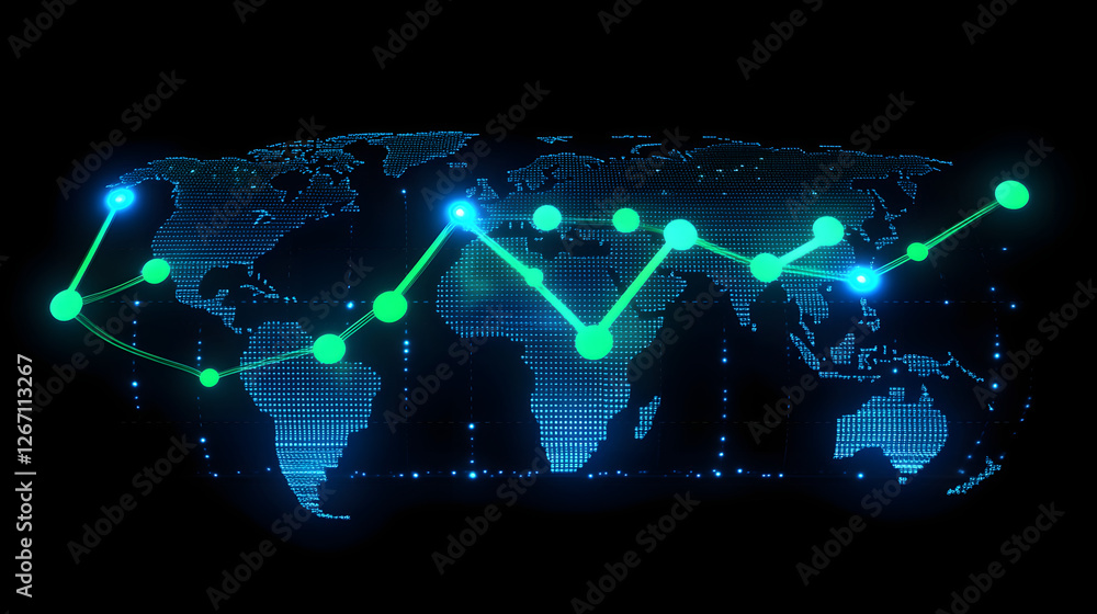 Poster global growth: a digital world map overlaid with glowing data lines and points, representing global 