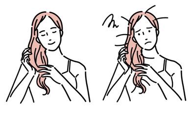 ヘアケアに一喜一憂する綺麗な女性のイラスト