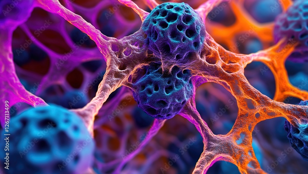 Poster exploring cellular structures: microscopic view of interconnected cells and networks in vivid detail