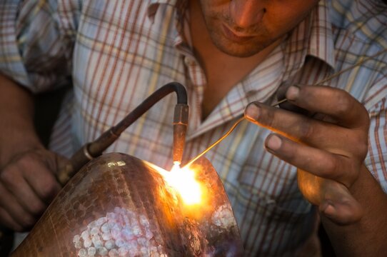 Copper welding work in a workshop in Gaziantep, Turkey