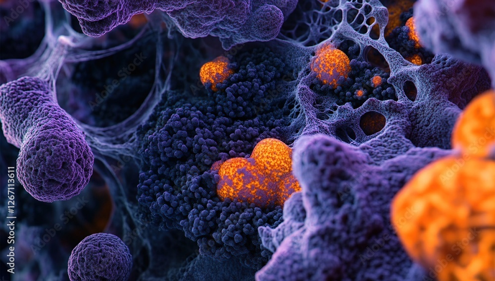 Poster microscopic cellular structures: unveiling intricate biological networks with vivid orange and purpl