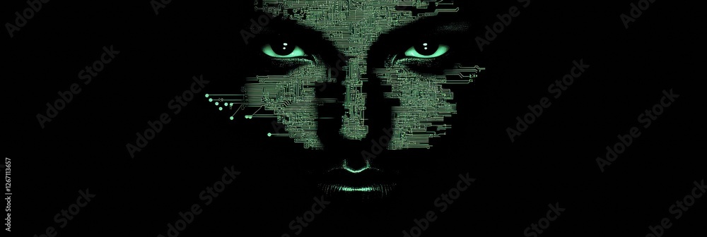 Leinwandbilder human face merges with glowing digital circuits creating a surreal blend of technology and humanity.