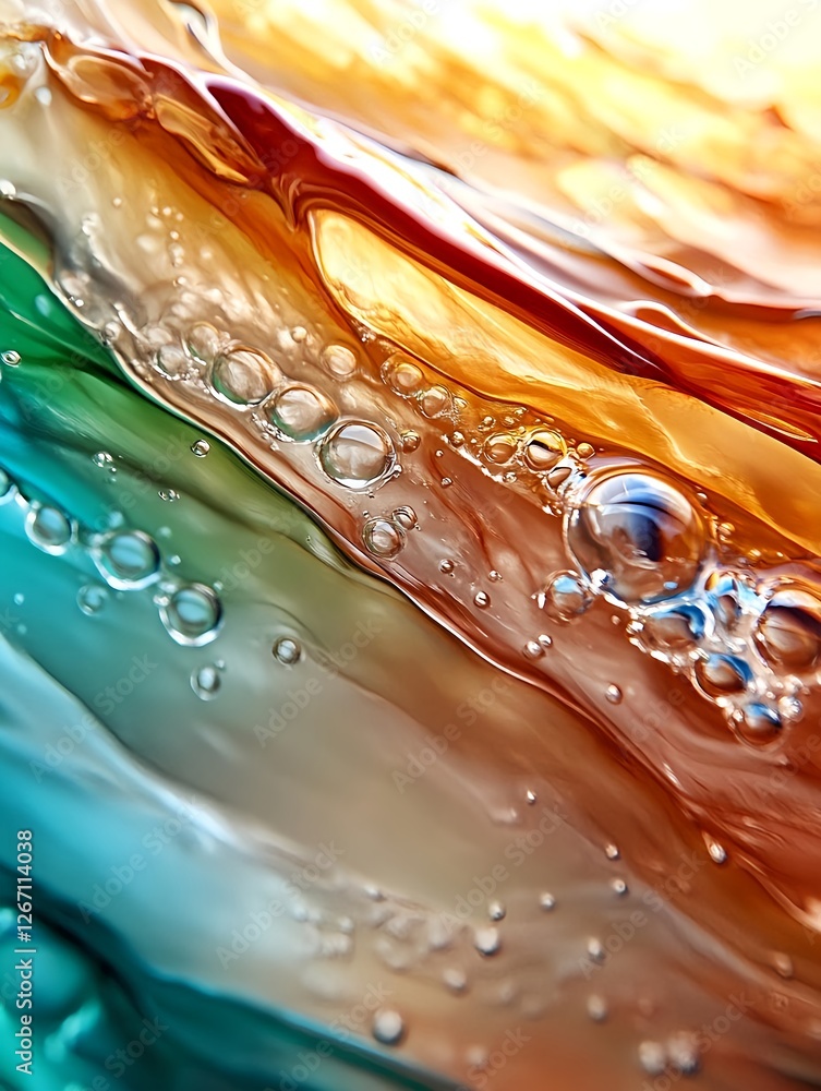 Poster Abstract Fluid Art: Teal, Orange, Bubbles - Fluid art