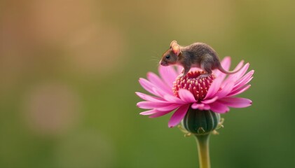 Tiny mice balance on a delicate Scabiosa flower pod, balance, stem