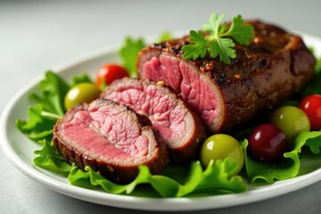 Thinly sliced roast beef on a bed of fresh greens, roasted beef, mixed greens