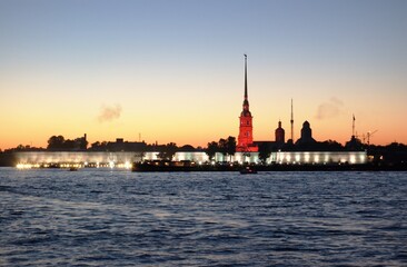 white night view on Peter and Paul cathedral over Neva river in St. Petersburg, Russia