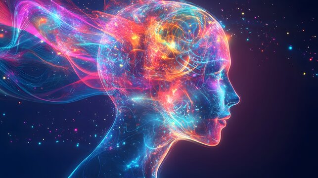 Abstract Mind: An ethereal, otherworldly silhouette of a human head, composed of swirling, vibrant colors and cosmic particles.