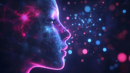 Digital Soul: A captivating portrait of a woman's face rendered in vibrant hues of blue and pink, resembling a galaxy, radiating a sense of ethereal beauty.