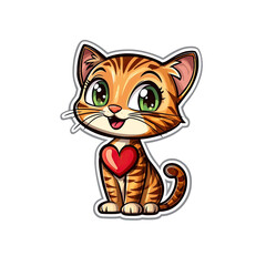 Obraz premium Adorable Cartoon Kitten with Heart, Valentine's Day Pet Illustration