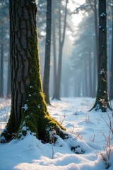 Naklejka premium Taiga forest with moss and lichen on tree trunks in winter, cold, peaceful, nature