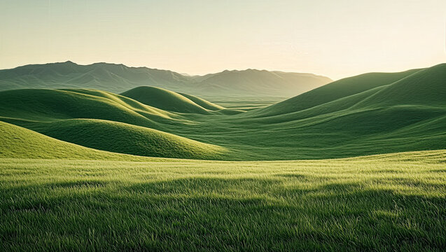 Green Hills Landscape, Rural Grassy Hills under a Hazy summer Sky. Soft Lighting Minimalism Background for Nature Panorama Wallpapre