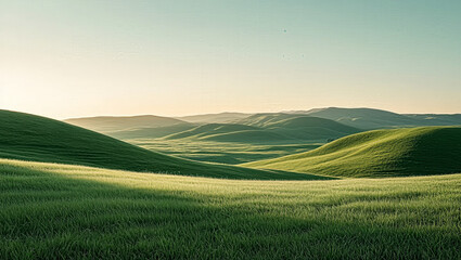 Obraz premium Green Hills Landscape, Rural Grassy Hills under a Hazy summer Sky. Soft Lighting Minimalism Background for Nature Panorama Wallpapre