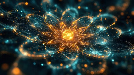 Fototapeta premium A conceptual glowing atom surrounded by intricate wave patterns, scientific and vibrant 