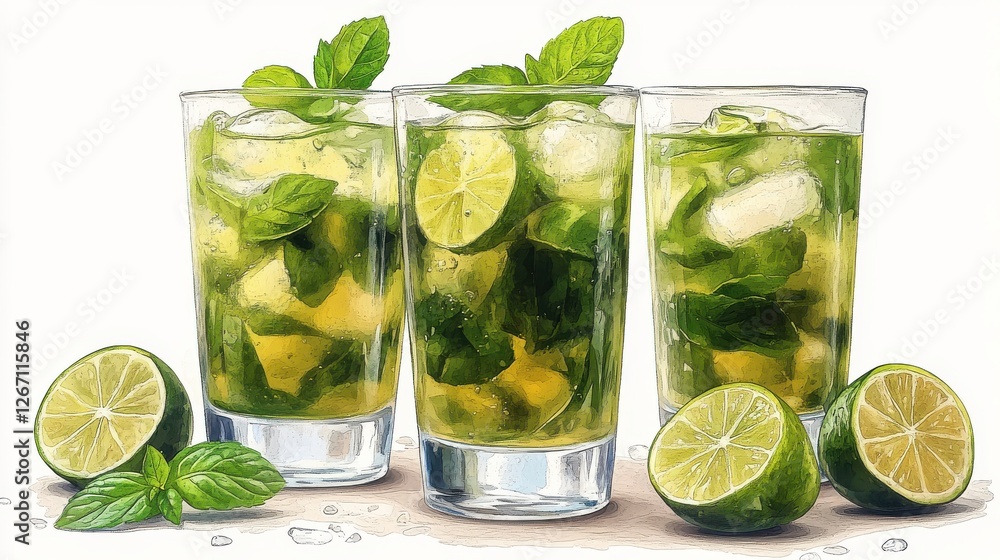 Poster refreshing mojito cocktail with lime isolated on transparent background