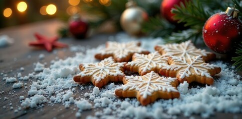Snowflake cookie decorations on a festive holiday table, snowy scene, holiday table