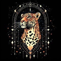 Naklejka premium Abstract jaguar portrait, celestial frame, mystical art, for wall decor, apparel