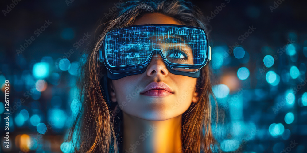 Poster immersive virtual reality experience with ai integration: woman using advanced vr headset for intera