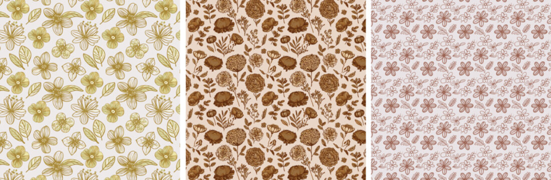 A seamless floral line art pattern featuring delicate roses and peonies with thin gold outlines on a soft ivory background. Elegant and luxurious, perfect for high-end designs.