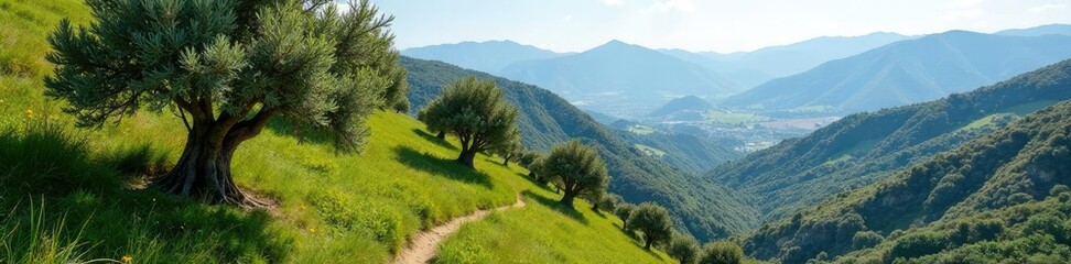 Fototapeta premium Overgrown olive trees on hillside slope covered with vines, mountain, silva