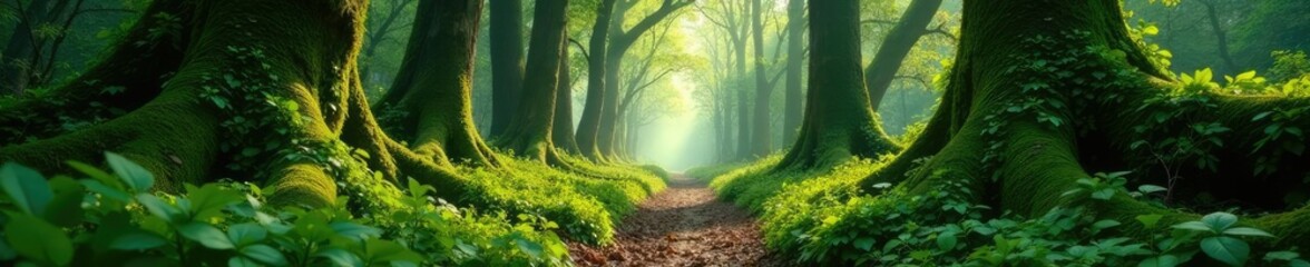 Fototapeta premium overgrown forest path, vines and moss covering ancient trees, woodland scenery, vines on trees, forest floor details