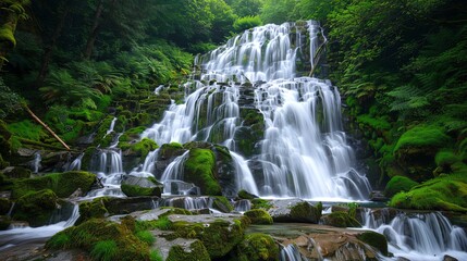 Obraz premium A lush, green waterfall cascades over mossy rocks.
