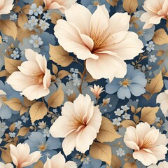 Elegant Pastel Floral Pattern With Blue and Cream Toned Flowers and Leaves