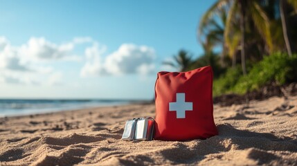 Red first aid kit bag with white cross on sandy beach shore during sunny day