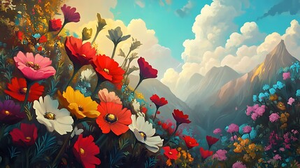 Vibrant Flower Field with Mountain Range Background