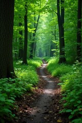 Fototapeta premium Muddy forest path winding through dense trees, woods, greenery