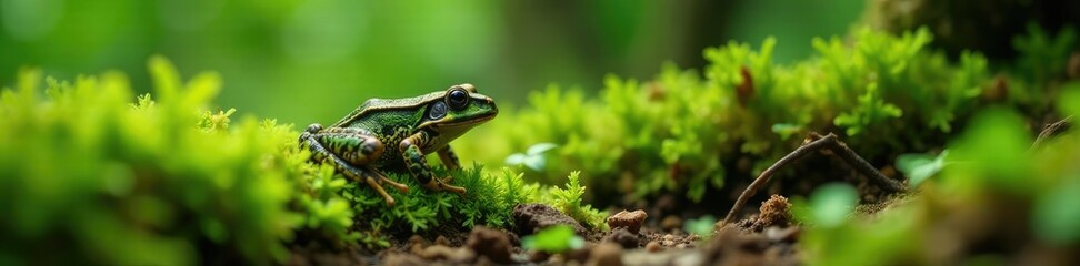Obraz premium Mossy forest floor, toad hiding among ferns and roots, moss, greenery, camouflage