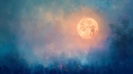 A beautiful harvest moon glowing softly on a solid pastel backdrop.