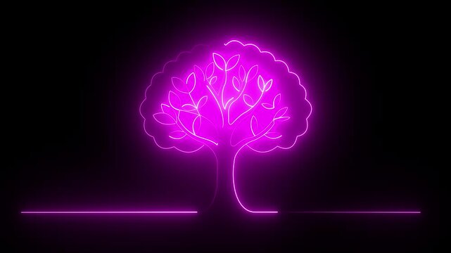 Neon glowing outline tree animation with magenta color icon on black background