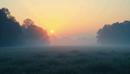 Naklejka premium Morning light slowly emerging from foggy haze, subtle, fog