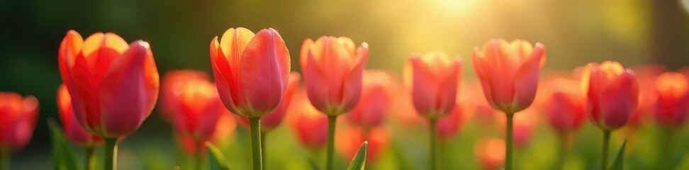 Morning light highlighting tulips swaying gently, flower, dewy, foliage