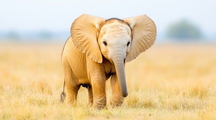 Fototapeta premium Baby elephant walking in savanna grassland