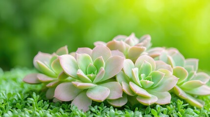 Succulents on moss, garden background, nature detail, website banner