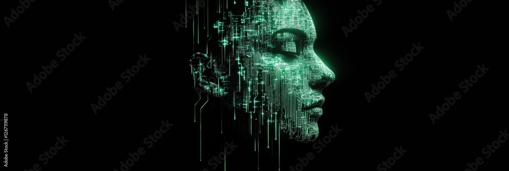 Poster Merging of human face with glowing digital circuits creates a futuristic visual representation of technology and humanity. Generative AI