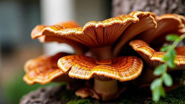 red reishi mushrooms on tree trunk growing