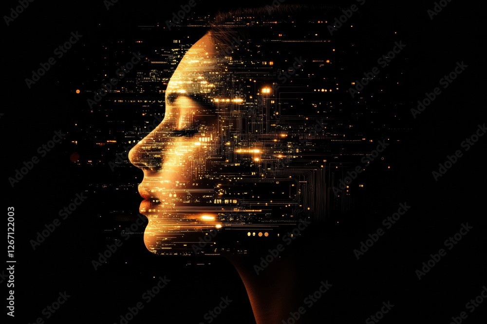 Leinwandbilder human face merging with glowing digital circuits representing connectivity and technology in a moder