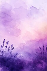 Obraz premium Watercolor Lavender Field, Delicate Floral Illustration With Peach, Purple Background, Soft, Gentle
