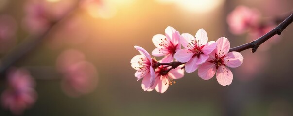 Obraz premium Delicate hawthorn blossoms on a bare branch with morning light filtering through, delicate petals, springtime scenery, flowers of spring
