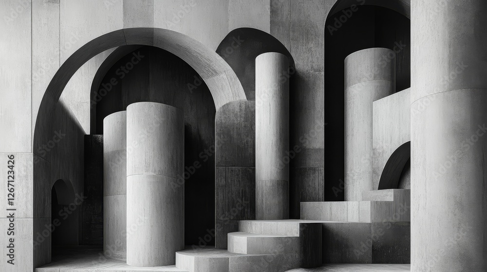 Poster concrete architectural elements form an abstract symmetrical geometric composition